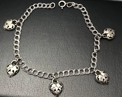 Vintage Sterling Silver DOUBLE LINK Ornate Heart Hearts CHARM BRACELET CHAIN  7” • $29.99