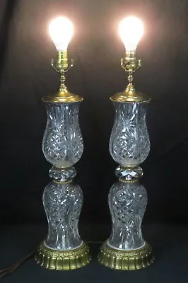 Vintage Pair Hollywood Regency Lead Crystal Lamps 26.5  W/Decorative Gold Base • $109.99