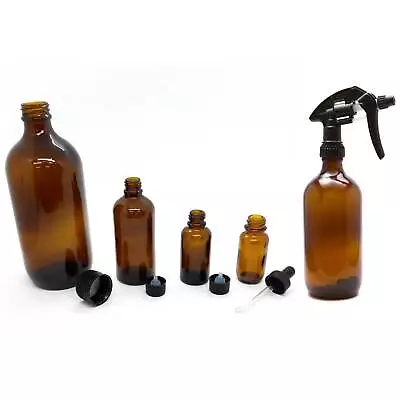 Amber Glass Bottles Empty Round - Spray Dropper Orifice Euro Cap Essential Oil • $119.99