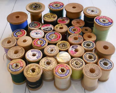 Lot Of 39 Vintage Thread Wooden Spools Variety Brands Colors Used + Empty  • $5.99