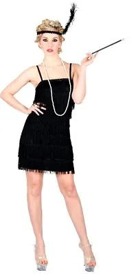 Adult Black CHARLESTON FLAPPER Fancy Dress Short Jazzy Ladies Costume Showtime • £21.95