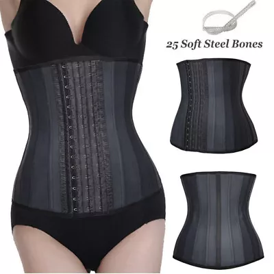 Women Black Latex Waist Trainer Cincher Underbust Corset Soft 25 Steel Bone 6-16 • £21.38