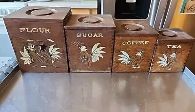 Vintage Wood Nesting Canisters Flour Sugar Coffee Tea W/ Lids Kitchen Rooster • $12.99