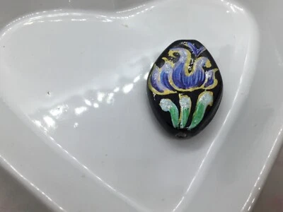 £1.45 • Buy 1 Lampwork Handmade, Hand Painted Flat Black Glass Bead, Blue Flower 30mm X 18