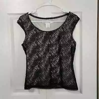 Max Studio Women's Tank Top Size LG Lace Lined Vintage Black Crew Neck Floral • $22.99