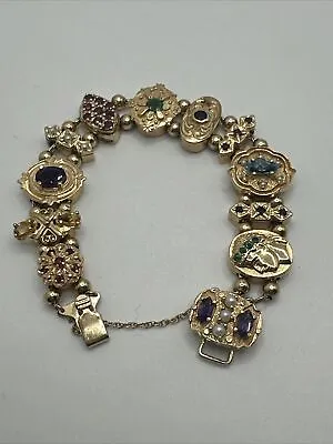 14k Yellow Gold Vintage Multi Gemstone Slide Charm Bracelet 6”  39.2g • $2400