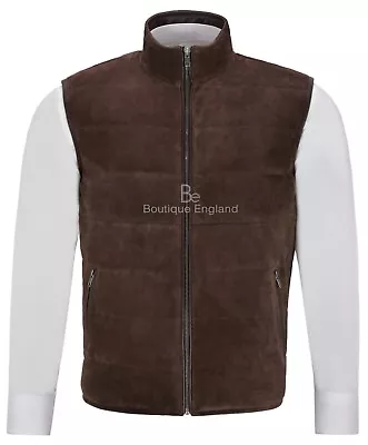 Men's Quilted Leather Waistcoat Brown Real Suede Leather Fashion Gilet Vest 1799 • £84.83