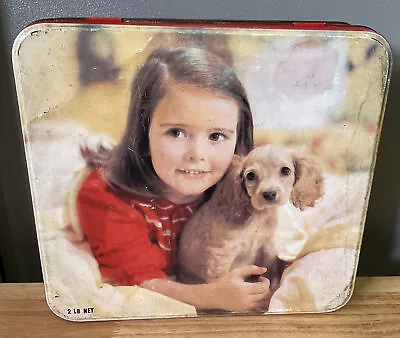 Vintage CADBURYS Milk Tray 2lb Girl With Puppy Chocolate Tin With Hinged Lid • $29