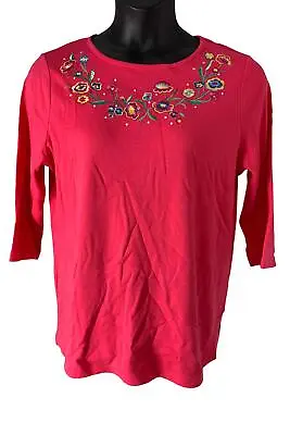 Quacker Factory Embroidered Abloom 3/4-Sleeve Top Rhubarb • $17.99