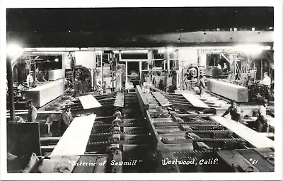 SAW MILL INTERIOR Original Real Photo Postcard Rppc WESTWOOD CALIFORNIA CA Logs • $18