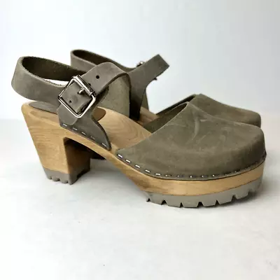 MIA Abba Swedish Leather & Wood Clog Sandal Khaki Sz 37 • $65