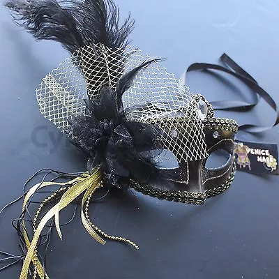 $17.49 • Buy Black Venetian Masquerade Mask W/Ostrich Feathers Party Prom Halloween Costume 