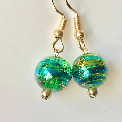 Blue Green Clear Murano Glass Earrings Bead Hand Painted Round Gold Plated • $9.99