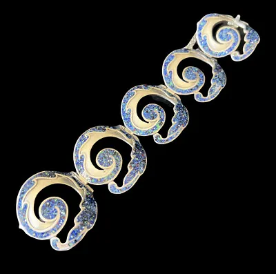 Margot De Taxco Mexican Sterling Silver Blue Enamel Floral Spiral Bracelet #5384 • $995