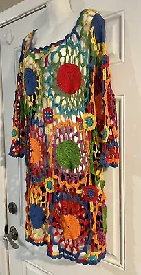 VTG 60's 70s Crochet Knit Mod Dress Coverup Swim Retro Festival Hippie Boho M • $124.94