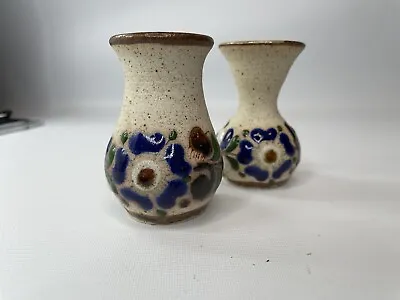 Tonala Mexican Pottery Mini Vase Set Of 2 Stoneware Folk Art Blue Flowers Signed • $15.20