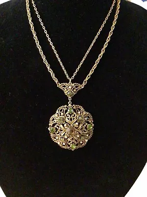 Vintage Florenza Gold Tone Rhinestone Faux Pearl Round Runway Pendant Necklace • $40