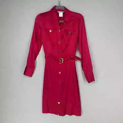 Marciano Women Shirt Dress S Red Silk Button Down Belted Long Sleeve • $44.99