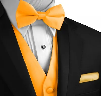 Men's Solid Satin Tuxedo Vest Bow-Tie And Hankie Set. Formal Dress Wedding Prom • $22.95
