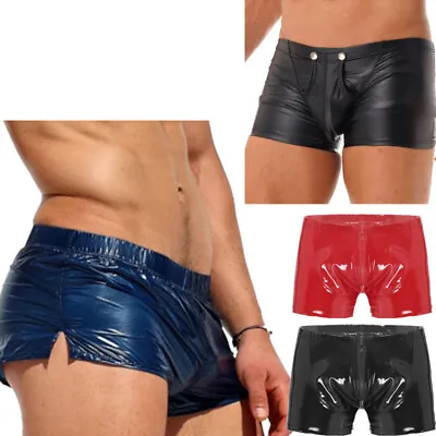 Men's Sexy Faux Leather Boxer Shorts Bulge Pouch Underpants Hot Pants Underwear • £6.54