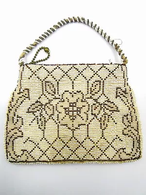 Art Deco Czech. Clutch Purse W/Handle Seed Beaded Floral Design Tagged 7 X  5 In • $9.94