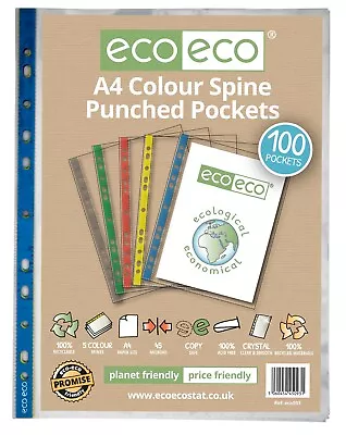 A4 100% Recycled Coloured Spine Punched Pockets Clear Wallet Sheet Protector • £8.39