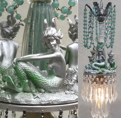 Mermaid Swag Lamp Chandelier Blue Glass Silver Crystal Opaline Beads Nautical • $485