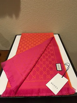 100% Authentic GUCCI Red Orange Jacquard GG Monogram Logo Wool Scarf • $268