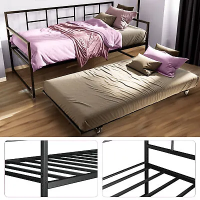 Twin Metal Daybed With Roll Out Trundle Heavy Duty Frame Sofa Bed Set Black • $152.38