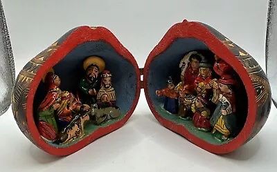 Vintage Hand Painted Folk Art Gourd Carved Nativity Christmas Diorama Box • $28