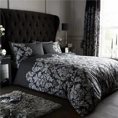 Duvet Set Black Grey Stripe Damask Print Quilt Cover Pillow Cases Bedding • £16.19