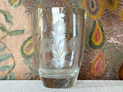 Vintage MCM Smalandshyttan Swedish Crystal Glass Vase Etched Flowers • $45