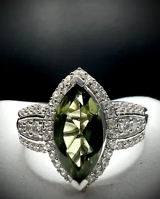 Premium Bohemian Moldavite And White Zircon Ring Platinum Over 925 SS 1.35 Ctw • $199.97