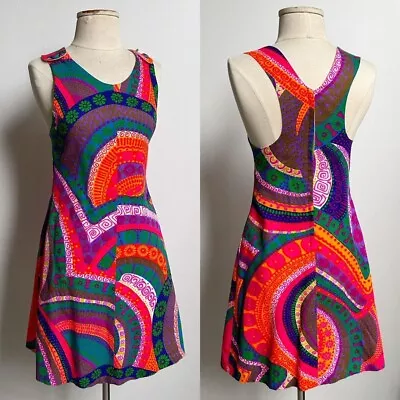 70s Vintage Pattern Mini Dress Psychedelic Abstract Neon Racerback Flared • $70