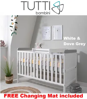 Tutti Bambini Ravenna White & Dove Grey Cot Bed & Cot Top Changer & Changing Mat • £140