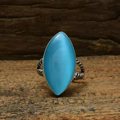 Graceful Blue Cats Eye Gemstone 925 Sterling Silver Handmade Ring All Size B-372 • $17.68