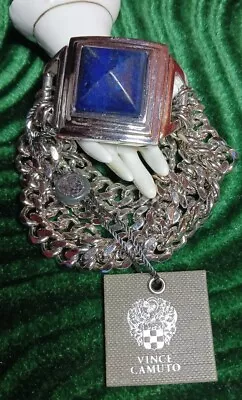 Vince Camuto Silver Tone Bracelet Large Heavy Statement Piece Blue Center Stone • $14.99