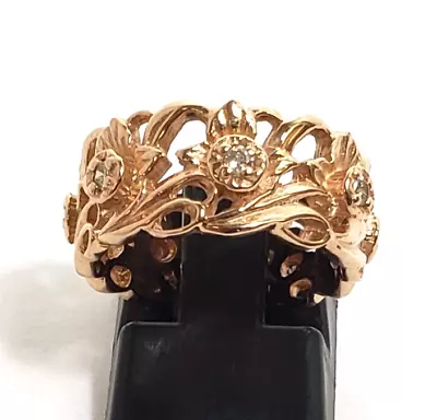 Vintage 14k Rose Gold Floral Daffodil Diamond Accent Band Ring Size 5.75 • $489.99