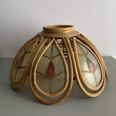 Vintage Mid Century Bamboo Rattan Wicker & Capiz Shell Ceiling Light Shade Tiki • £44.99