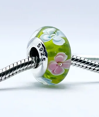 💖 Green Flower Murano Glass Spacer Charm Bead Genuine 925 Sterling Silver 💖 • £18.95