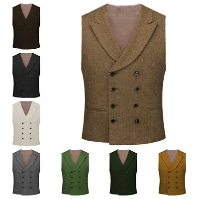 Men Double-Breasted Waistcoat Vintage Vest Herringbone Groom Wedding 42 44 46 48 • £28.78