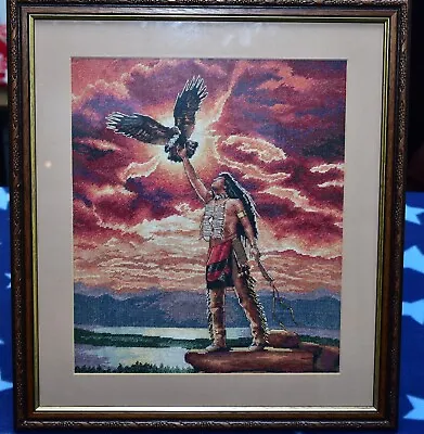 Cross Stitch American Indian And Eagle Hand Made Finished Framed Embroidery 1411 • £37.99