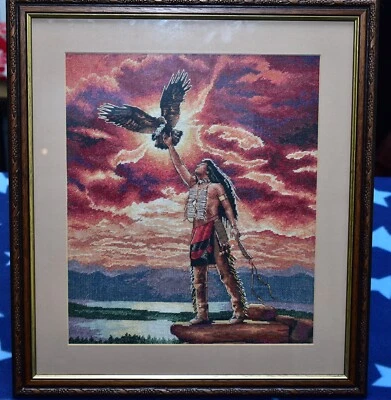 Cross Stitch American Indian And Eagle Hand Made Finished Framed Embroidery 1411 • £37.99