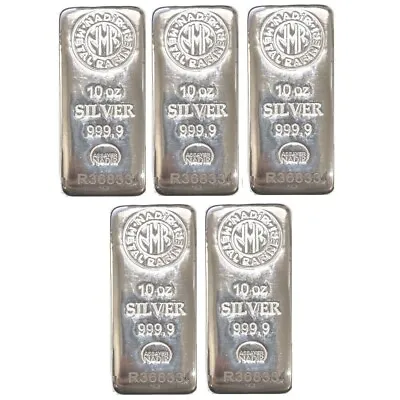 Lot Of 5 - 10 Oz Nadir Metal Refinery 999 Fine Silver Bullion Bar - Total 50 Oz  • $1430.57