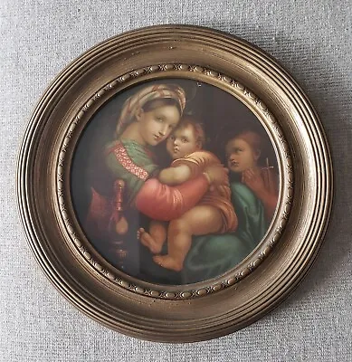  Madonna Of The Chair Rafael  Round Gold Frame Vintage Print 12in Very Nice • $42