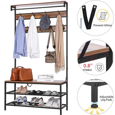$109.99 • Buy 5in1 Industrial Coat Rack Entryway Hall Tree W/ Shoe Bench, MDF Wood Metal Frame