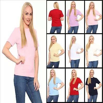 Womens Cable Knitted Jumper Short Sleeve Crew Neck Soft Smooth Warm Pullover Top • £14.89