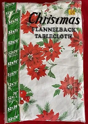 Christmas Vinyl Poinsettia Flannelback Tablecloth 52x70 Vintage Maytex Mills New • $9.95