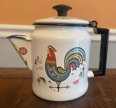 Vintage BERGGREN Enamel Coffee Pot Swedish Rooster Kettle Farm Flowers • $39.99