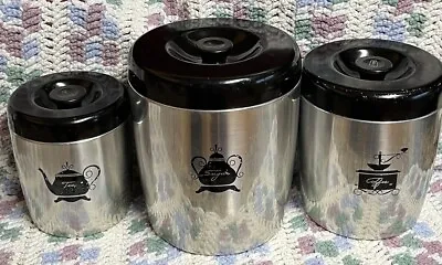 Vintage West Bend Aluminum 3 Pc Canister Set Sugar Coffee Tea Silver Black Lids • $9.99